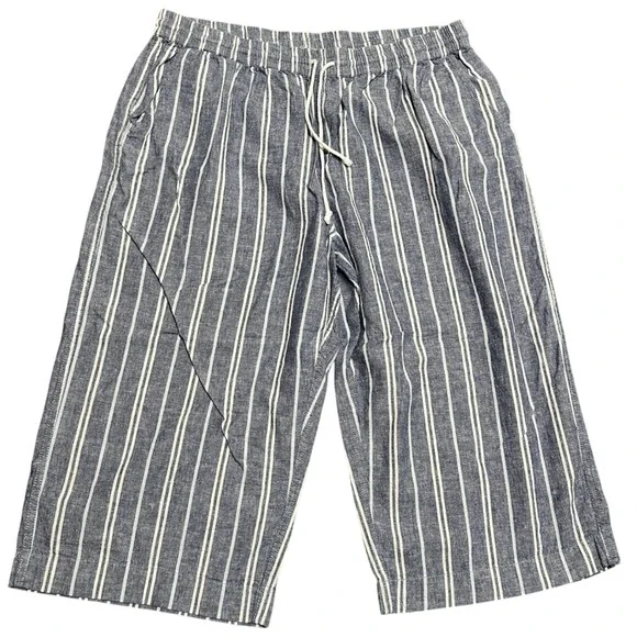 BeachLunchLounge Womens XL Stripe Linen Cotton Cropped Wide Leg Pants Drawstring - Picture 1 of 8
